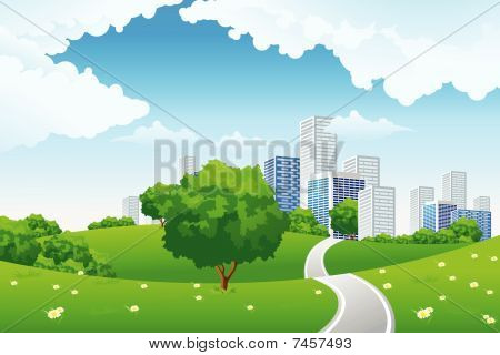 Vert paysage avec une ville