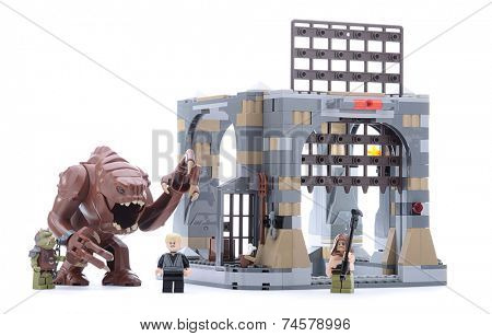 Ankara, Turkey - May 23, 2013: Lego Star Wars Jedi Master Luke Skywalker  trapped in the Rancor Pit beneath Jabba the HuttÃÂ¢Ã?Ã?s Palace isolated on white background. 