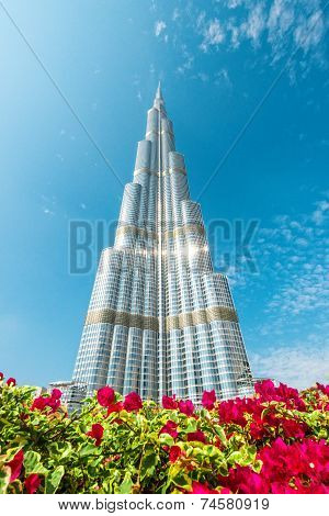 Burj Khalifa Vanishing In Blue Sky In Dubai, Uae.