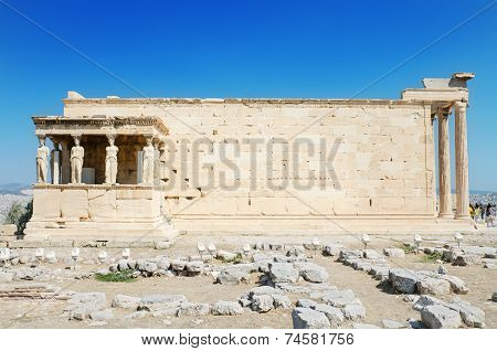 Famous cariathides temple in the Acropolis Athens Greece.