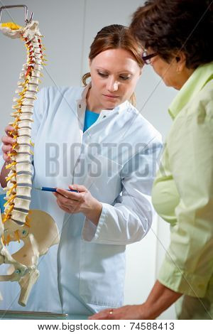 Physical Therapist shows the problem areas on the model of the spine to patient and explains the cause of her pain.