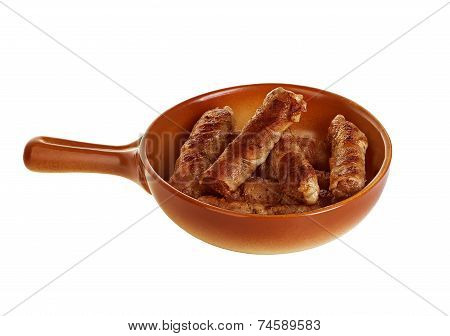 Sausages Wrapped In Bacon In A Frying Pan, Chevapchichi On White Background