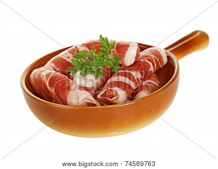 Sausages Wrapped In Bacon In A Frying Pan, Chevapchichi On White Background