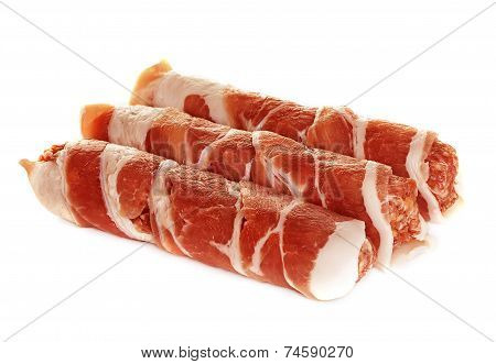 Sausages Wrapped In Bacon, Chevapchichi Isolated On White Background