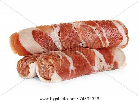 Sausages Wrapped In Bacon, Chevapchichi Isolated On White Background