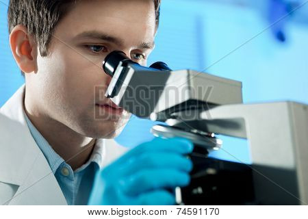 Scientist looks into microscope