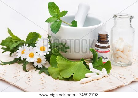 Healing herbs in mortar. Alternative medicine concept