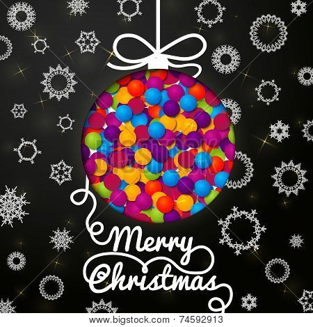 Merry Christmas handwritten swirl lettering greeting card on black paper with snowflakes, and christ