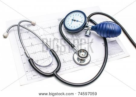 Stethoscope and  blood pressure gauge lying on the ECG chart