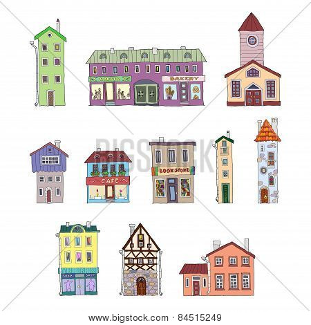 Set of vector vintage cartoon facades