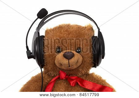 Toy Teddy Bear Wearing Head Set Isolated Over White