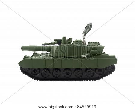 Isolated modern tank toy standing on white background profile view.