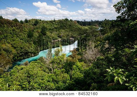 A scenic view of Huka falls on Wiakato river from the distance