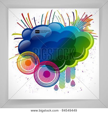 Abstract background with design elemnts. Cloud for your text, stars, speakers, raindrops. Vector illustration.