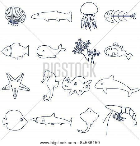 Fish And Sea Life Outline Icons Set Eps10