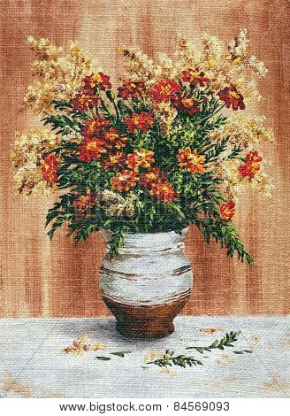 Painting Flowers Marigold in a Pot