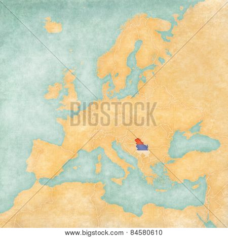 Serbia (Serbian flag) on the map of Europe. The Map is in vintage summer style and sunny mood. The map has soft grunge and vintage atmosphere which acts as watercolor painting on old paper.