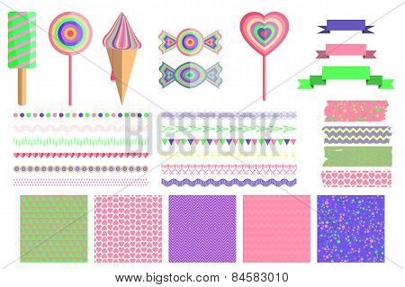 Set of 4 cute abstract seamless pattern and design elements