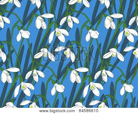 Snowdrops Spring Seamless Background. Hand-drawn Vector Illustration