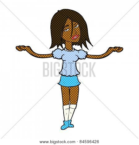 retro comic book style cartoon woman shrugging shoulders
