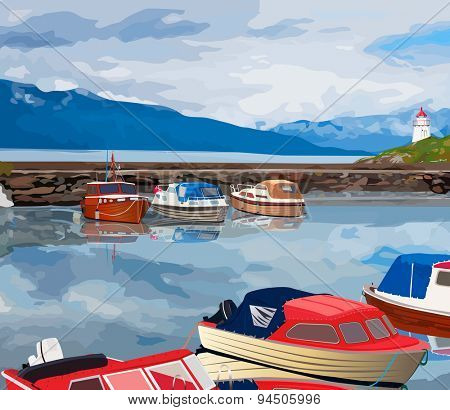 Harbour with boats on Norway fjord.