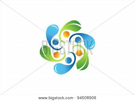 circle water drop and leaves logo, concept team work symbol icon vector design.