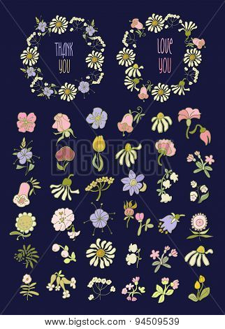 Floral Frame Collection. Set of cute retro flowers arranged