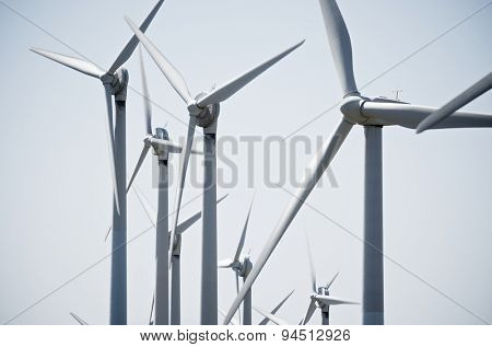 aligned group of windmills for renewable electric energy production, Navarre, Spain