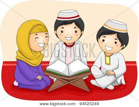 Illustration of Little Muslim Kids Reading the Quran