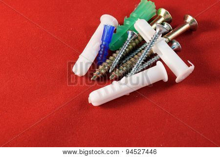 Close up different kinds and number of screws, Rawlplug and Drill Bits