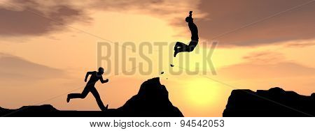 Concept or conceptual young 3D man or businessman silhouette jump happy from cliff over  gap sunset or sunrise sky background banner