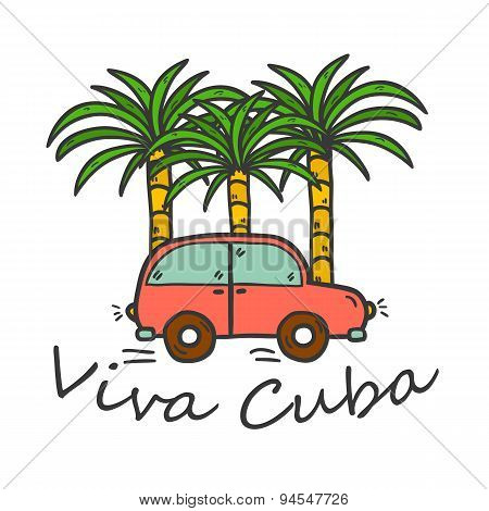 Vector illustration with hand drawn palms and vintage car. Travel or vacation concept