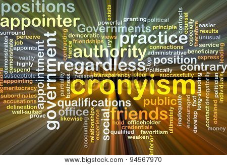 Background concept wordcloud illustration of cronyism glowing light
