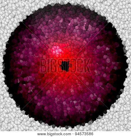 Violet Animal Or Alien Eye With Red Center And Narrow Pupil Made Of Bubbles Or Balls