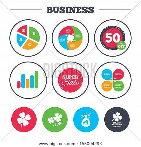 Business pie chart. Growth graph. Saint Patrick day icons. Money bag with clovers and coins sign. Symbol of good luck. Super sale and discount buttons. Vector