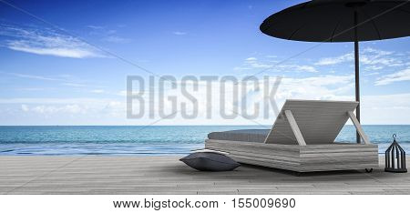 3D Rendering : Illustration Of Beach Lounge - Sundeck And Sea View For Vacation And Summer On Brown