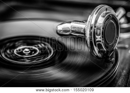 Grammophone Playing Old Disk, In Black And White