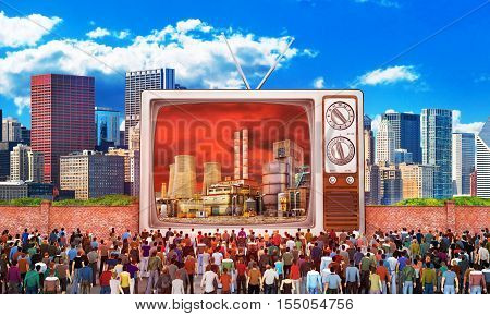 Mass media concept. Crowd of people near fence watch to old tv. On the screen bad image. Behind the fence a good image. Concept of propaganda and refugee. 3d illustration