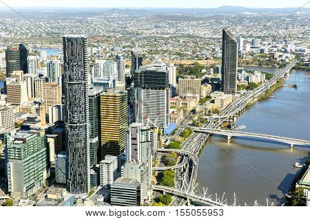 BRISBANE, AUSTRALIA - OCTOBER 18 2016: Brisbane CBD cityscape river front, view from above