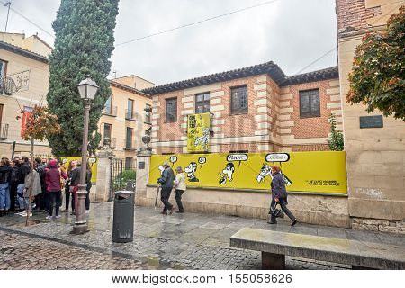 ALCALA DE HENARES, MADRID, SPAIN. November 5, 2016. view of the birthplace of Don Miguel de Cervantes Saavedra in the rain