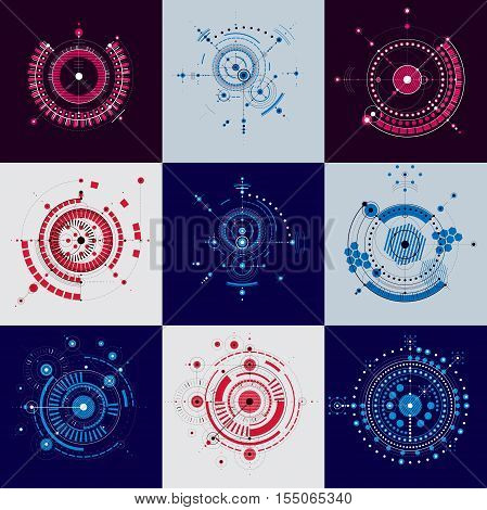 Geometric technology vector drawings set of technical backdrops. Collection of abstract schemes of engine or engineering mechanism.