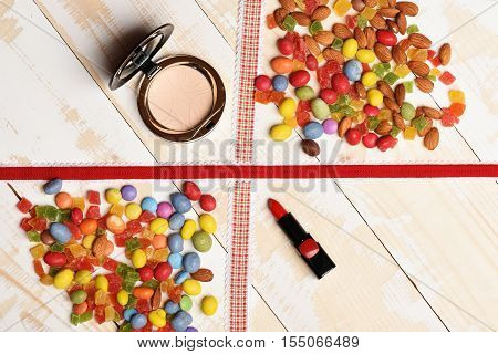 Children`s Cosmetic On Wooden Background