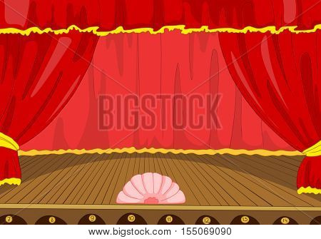 Hand drawn cartoon of theater stage. Cartoon background of empty concert stage. Colourful cartoon of background of theater stage with curtains and spotlights. Cartoon background of theatrical scene.