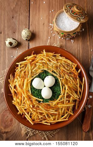 Salad "Nest grouse". Russian traditional salad. Vegetable salad with crispy potatoes