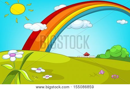 Hand drawn cartoon of summer landscape. Colourful cartoon of summer background. Cartoon of green meadow in summer. Cartoon background of summer landscape with sunny glade, rainbow and flowers.