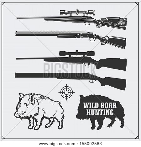 Hunting set. Vector monochrome illustration of a Wild Boar and Hunting rifles.