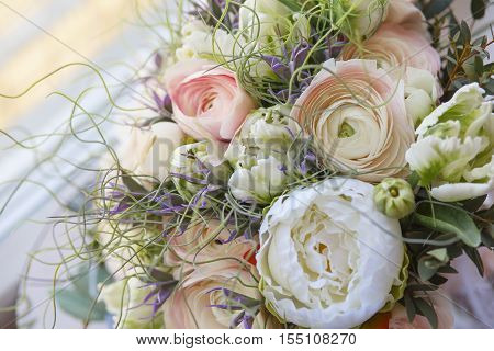 wedding bouquet close-up. Pink roses. Bouquet Flowers . Wedding background