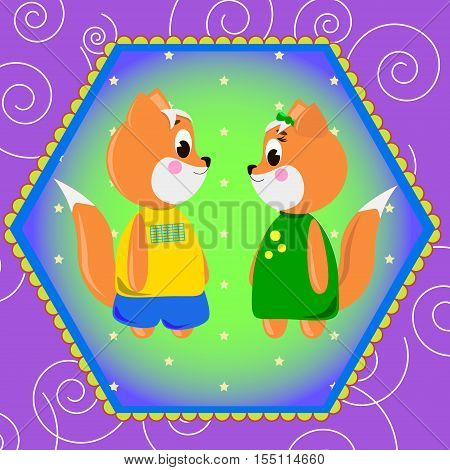 Emblem card with cute cartoon Foxs can be used for wallpaper design card invitation.