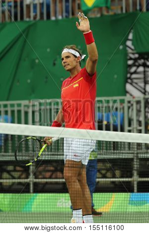 Olympic champion Rafael Nadal of Spain celebrates victory after men's singles first round match of the Rio 2016 Olympic Games