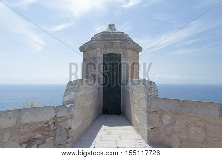 sentry box in santa barbara castle with the sea and sky in the background